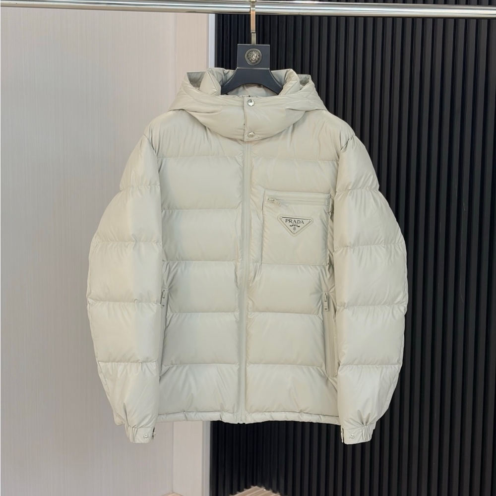 Prada Hooded Quilted Puffer Jacket in Light Gray